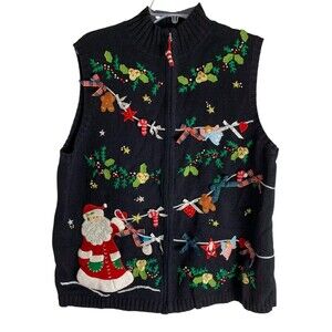 Vintage Planet & Company Woman 1X Christmas Sweater Vest Full Zip Santa